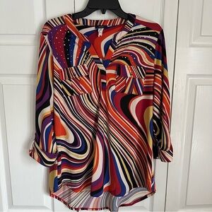 Cocomo Vtg Womens Swirl Abstract Top Sz L Groovy Retro Boho Hippie Rhinestones